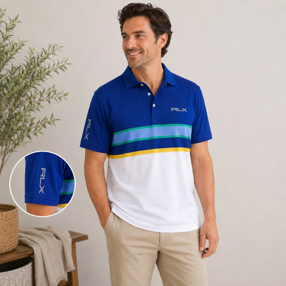 RLX Ralph Lauren Mens Pro‎ Fit Striped Colorblock Golf Polo Shirt Blue White M